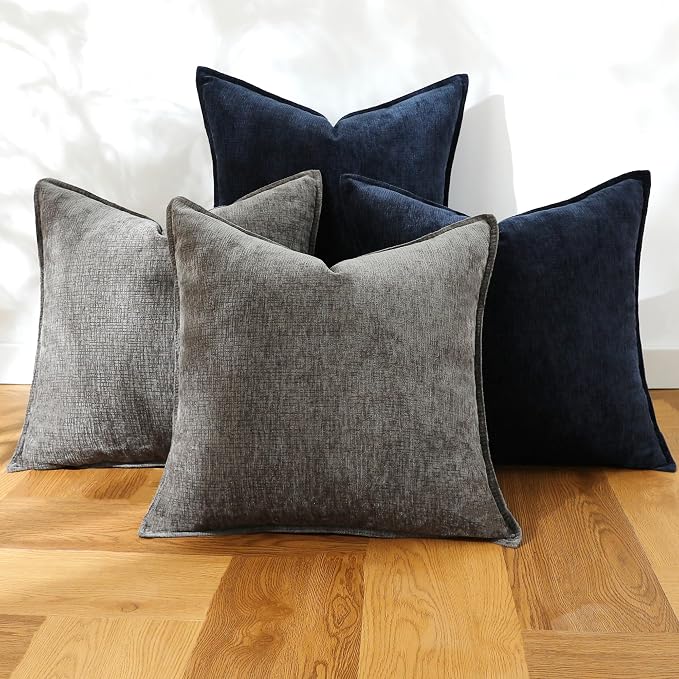 Stellhome Set of 4 Soft Textured Decorative Throw Pillow Covers Accent Solid Chenille Cushion Cover Rustic Farmhouse Pillow Case for Couch Sofa Bedroom Living Room (18x18 inch, Navy Blue/Dark Grey)