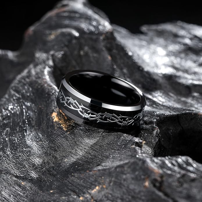 King Will Mens 8mm Black Silver Tungsten Rings, Men's Wedding Rings Fishing Line Inlay Beveled Edge Ring for Men Women, Comfort Fit, Durable