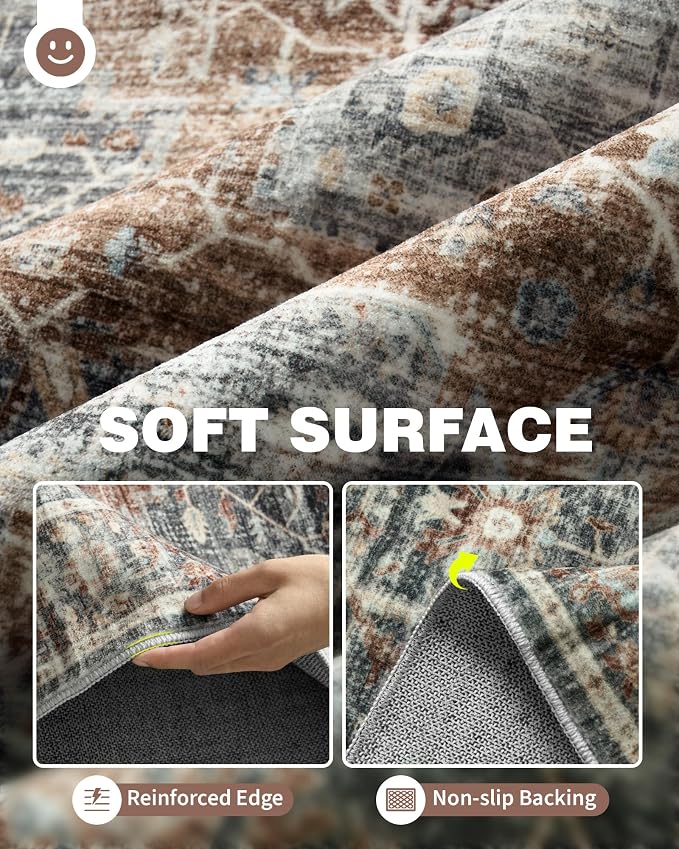 Roxstand 6ft Round Washable Area Rug, Non Slip Rug, Grey/Brown/Tan | 6x6 Low Pile Rug, Stain Resistant, Non-Shedding Surface, Pet & Kid Friendly Circle Rug for Living Room, Bedroom, Dining Room