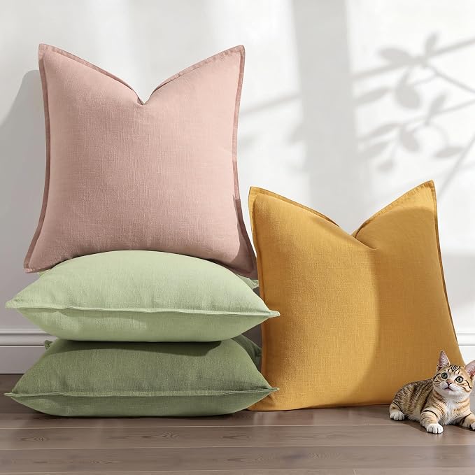 decorUhome Fall Pink Linen Throw Pillow Covers 24x24 Set of 2 | Decorative Soft Cozy Modern Farmhouse Boho Accent Pillow Cases with Flange Edges for Couch Bed Sofa Living Room Home Decor