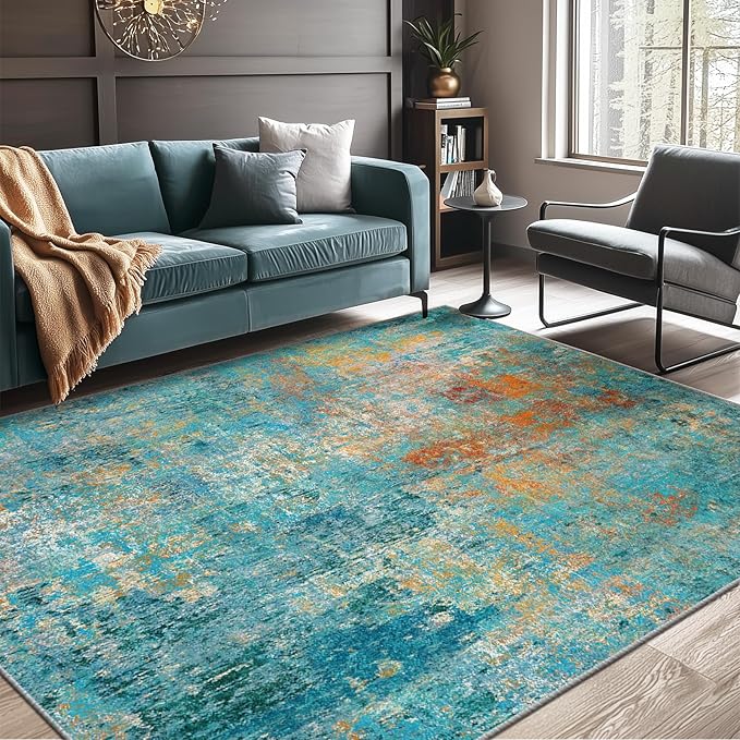 RELEANY Washable Area Rugs 6'x8' Non-Slip Modern Abstract Soft for Living Room Entryway Bedroom Kitchen, Print Pattern, Teal Blue Green Orange Rust Red Colorful
