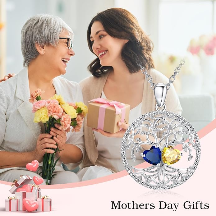Mothers Day Gifts for Women，925 Sterling Silver Family Tree of Life Pendant Necklaces with 2 Heart Birthstone Jewelry Birthday Anniversary Christmas Gifts for Her Girlfriend Mom Wife Grandma Daughter