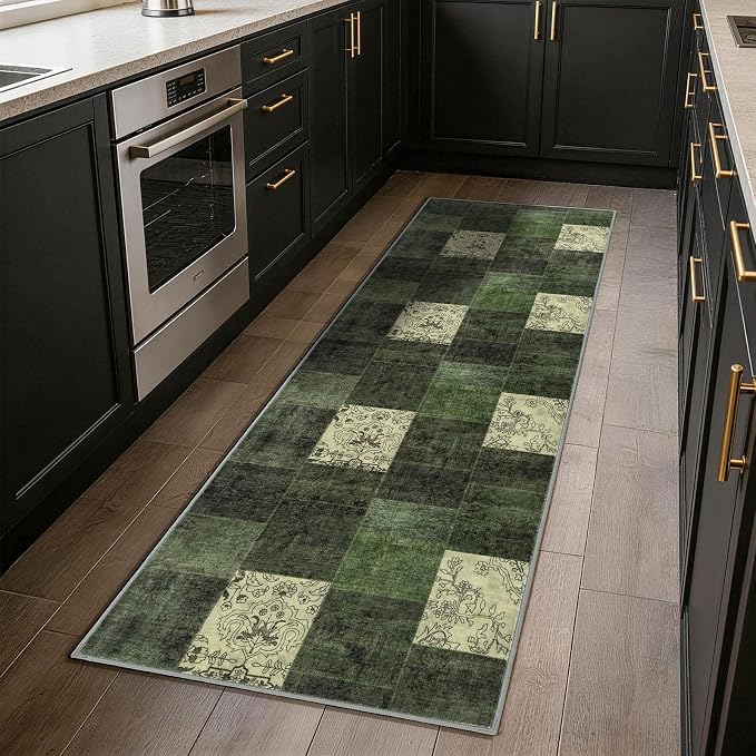 LIANLAM 2x6 Washable Runner Rug for Hallway&Kitchen,Non-Slip Long Carpet with Vintage Boho Checkered Design,Ultra-Thin Low Pile,Stain Resistant Easy Clean Floor Mat for High Traffic Areas(2x6,Green)