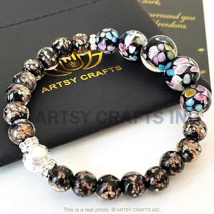 ARTSY Crafts Lily Garden Glow in the Dark Firefly Bead Bracelets Necklaces, Handmade in USA Murano Glass Jewelry, Flower Luminous Beads Mermaid Crystal Bracelet Bangle