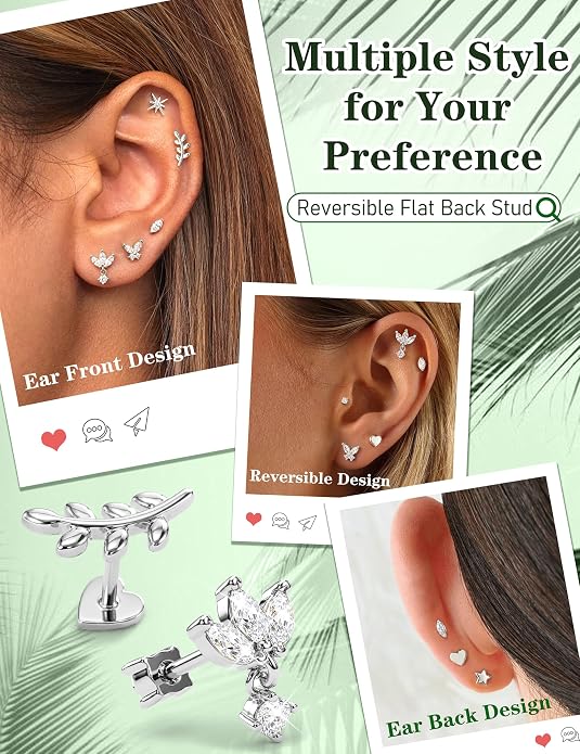 Drperfect 18G Reversible Flat Back Stud Earrings for Women Hypoallergenic Surgical Steel 14K Gold Silver Plated Internal Thread Stud Piercing Jewelry for Tragus Helix Cartilage Conch Piercing