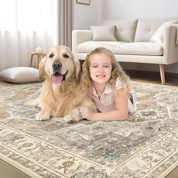 8x10 Washable Area Rug: Vintage Neutral Soft Non Slip Thin Large Floor Carpet for Living Room Bedroom Kitchen Dining Room Home Office Farmhouse Indoor - Grey Brown