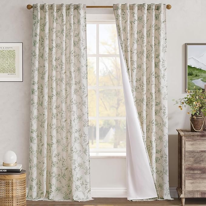 jinchan Green Floral Linen Curtains Lined 96 Inch Vintage Back Tab 2 Panels | Privacy lining, light filtering drapes, cottagecore, french country, farmhouse, bedroom, living room, window treatment
