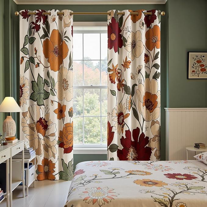 jinchan Beige Boho Floral Blackout Curtains 96 Inch Grommet 2 Panels | Room darkening, Vintage, living room, bedroom, privacy, floral print, flower pattern, fall decor, window treatments