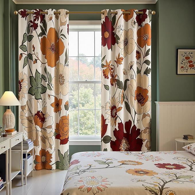 jinchan Beige Boho Floral Blackout Curtains 84 Inch Grommet 2 Panels | Room darkening, Vintage, living room, bedroom, privacy, floral print, flower pattern, fall decor, window treatments