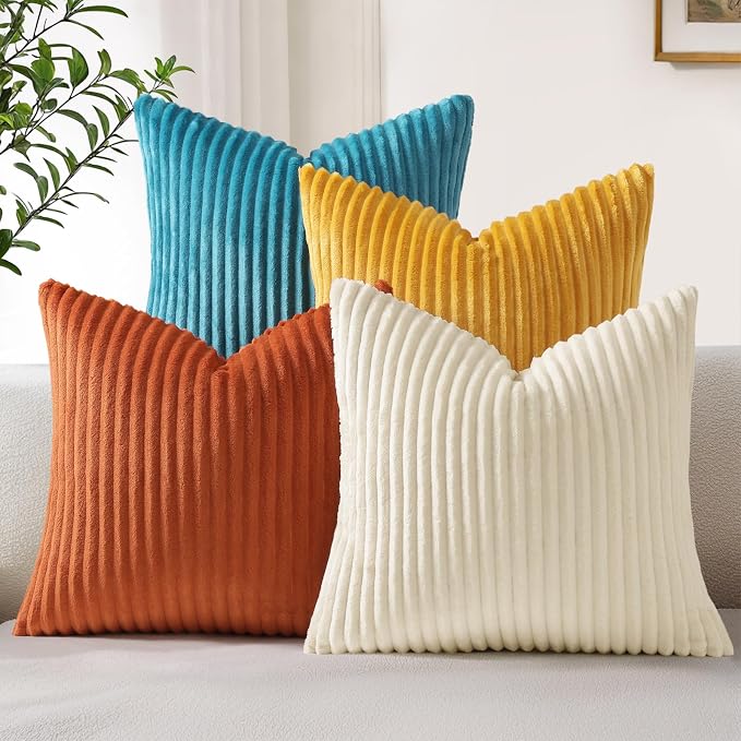 decorUhome Flannel Beige Rust Throw Pillow Covers 20X20 Set of 4 | Decorative Fall Soft Fluffy Striped Double-Sided Couch Pillow Covers, Modern Farmhouse Pillow Cases for Sofa bed Home Decor