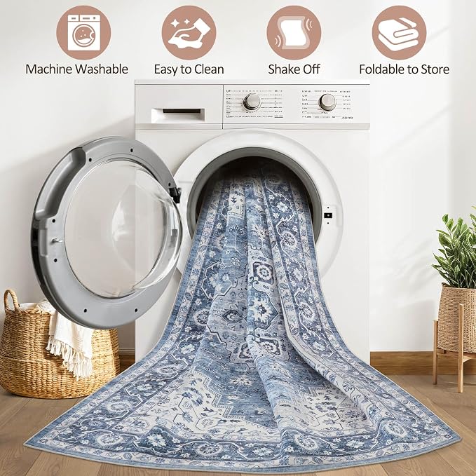 8x10 Area Rugs Living Room: Washable Boho Large Neutral Vintage Soft Rug Stain Resistant Farmhouse Non-Slip Indoor Floor Retro Carpet for Bedroom Nursery Kids Office Dining Room- Blue Gray