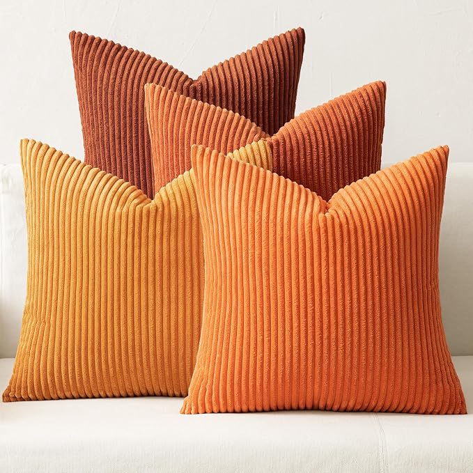 MIULEE Boho Farmhouse Throw Pillow Covers 18x18 Inch Set of 4 Mordern Nordic Cushion Covers Soft Corduroy Fall Home Decor for Couch Bed Sofa Living Room Orange Rust