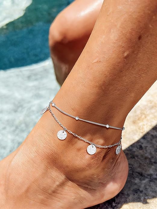 U7 Silver/Gold Ankle Bracelets for Women Layered Chain Anklets Stainless Steel Waterproof Summer Beach Anklet Cham, Adjustable 8.5"-10.5"