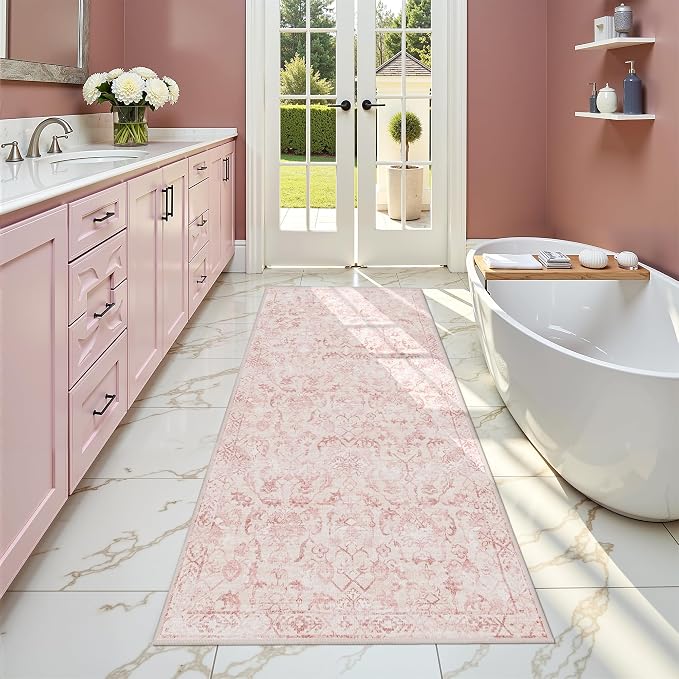 Pink 2x5 Runner Rug for Hallways Bed Side Kitchen, Boho Washable Distressed Low-Pile Floor Entryway Long Bathroom Mat, Non-Slip Laundry Room Washstand Front Carpet 24x60 Inch