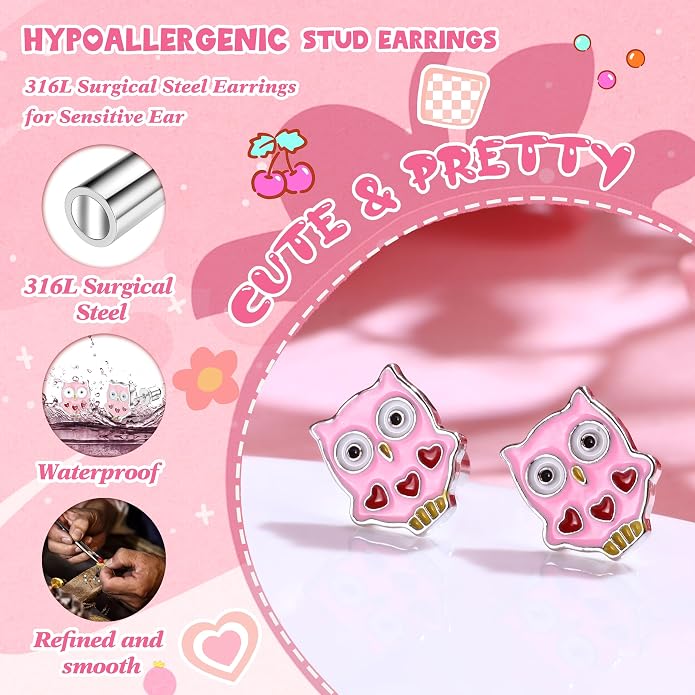 FASACCO 10Pairs Hypoallergenic Screw Back Earrings for Women Girls Stainless Steel CZ Heart Butterfly Ball Stud Earrings Multicolored Cat Rainbow Screwback Stud Earrings Set Over 3 Years Old