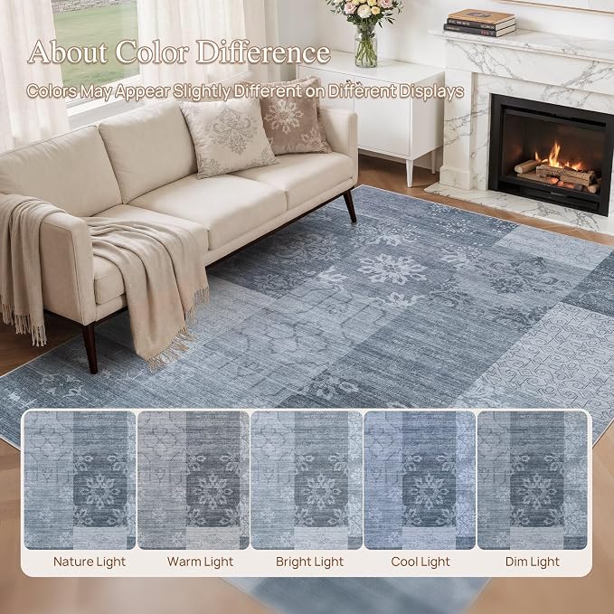 UERMEI 8x10 Area Rug for Living Room - Washable Vintage Carpet, Non-Slip Soft Large Indoor Floor Rugs for Bedroom Home Office & Under Dining Table Decor, Blue Block