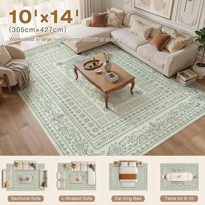 Nakagishi 10x14 Area Rugs Living Room: Washable Large Vintage Rug Neutral Non-Slip Soft Stain Resistant Indoor Carpet for Bedroom Nursery Dining Room Office Playroom - Forest Green