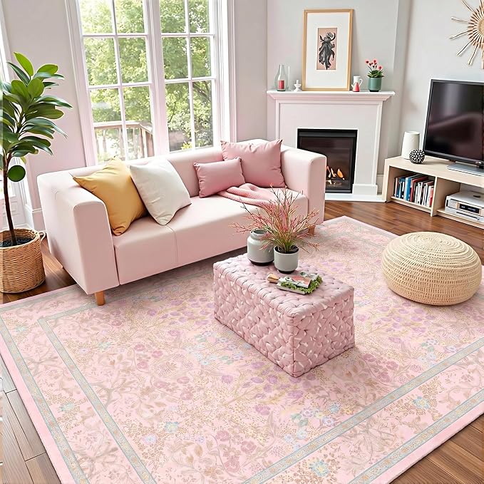 Farmhouse Light Pink Washable Living Room Rug 5x7, Floral Area Rug for Bedroom, Nursery, Dining Room Under Table, Home Office, Low Pile Non Slip Boho Carpet, Soft Cottagecore Botanical Accent Mat