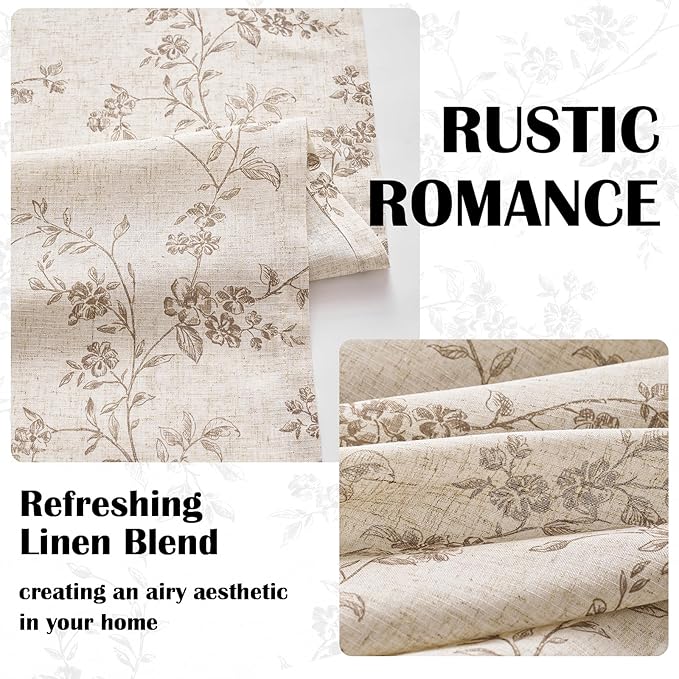 Lazzzy Linen Farmhouse Curtains Taupe Floral Curtains 63 Inch Long Back Tab Drapes for Living Room Bedroom Light Filtering Country Vintage Rod Pocket Curtain, 2 Panels, Taupe on Beige
