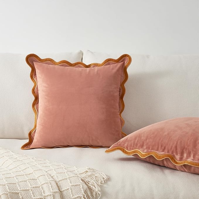 MONDAY MOOSE Decorative Throw Pillow Covers Cushion Cases, Set of 2 Soft Velvet Scalloped Wavy Edge Designs, Mix and Match for Home Decor, Pillow Inserts Not Included (22x22 inch, Pink/Honey)