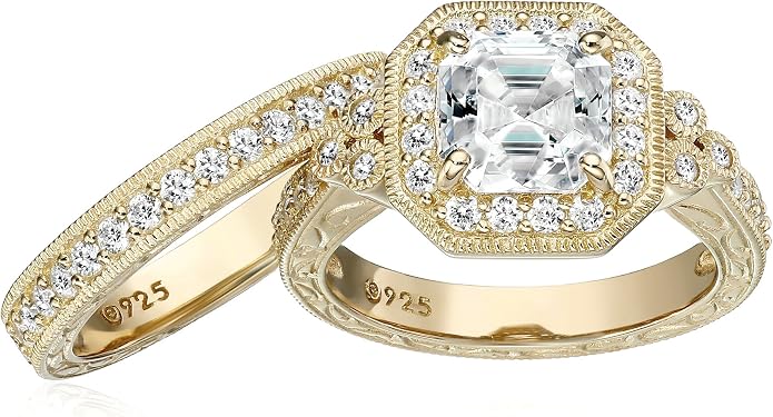 Amazon Essentials Platinum or Gold Plated Sterling Silver Antique Ring set with Asscher-Cut Infinite Elements Cubic Zirconia