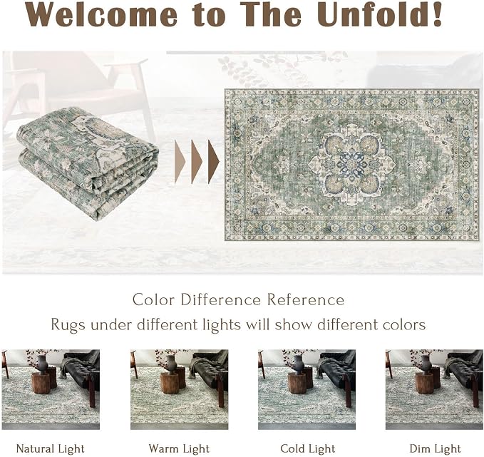 LUXRUG 3x5 Washable Area Rug - Small Entryway Rug Non-Slip Sage Green Vintage Oriental Kitchen Rugs Low Pile Boho Carpet Throw Rugs for Living Room Bedroom Bathroom Entrance Dorm Office Home Decor