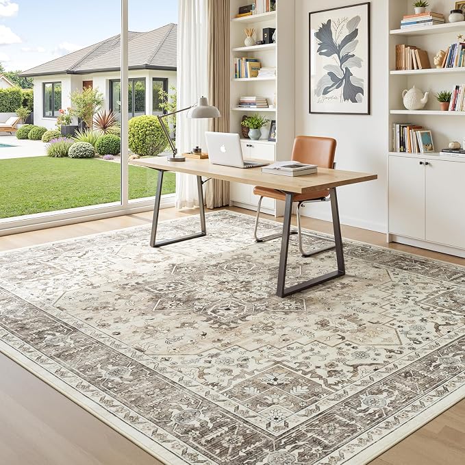 Neutral Camel 9x12 Rug for Living Room - Vintage Farmhouse Aesthetic Distressed Brown Carpet, Soft Washable Low Pile Non-Slip Extra Large Area Rugs for Dining Under Table, Bedroom, Office