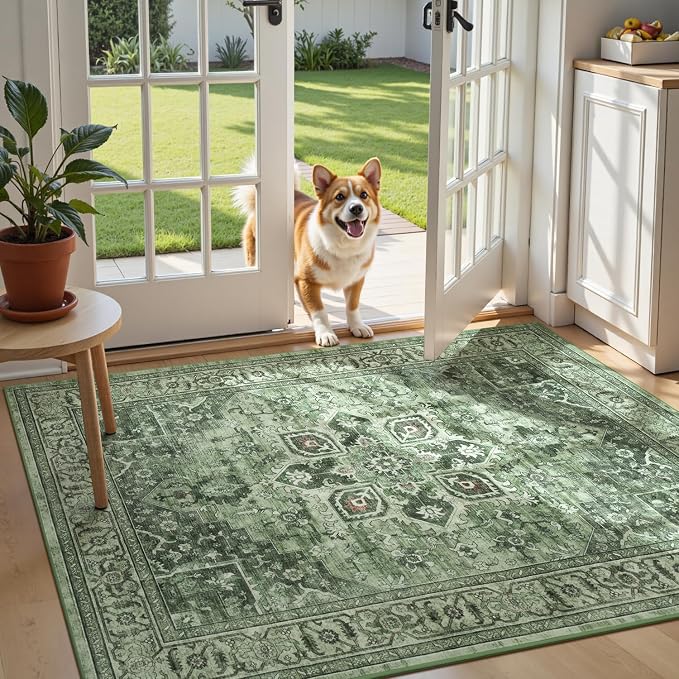 Sage Green Vintage 3x5 Entryway Rug - Farmhouse Boho Eclectic Floral Pastel Moss Green Carpet, Washable Low Pile Non-Slip Area Rugs for Door Mat, Indoor Entrance, Kitchen, Laundry, Beside Bed