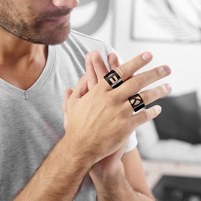 KeyStyle Bold Initial Letter Rings Adjustable, GoldChic Jewelry Women Gold Statement Ring Personalized Engraved Women’s Open Signet Ring for Party (Gold, White Gold, Black)