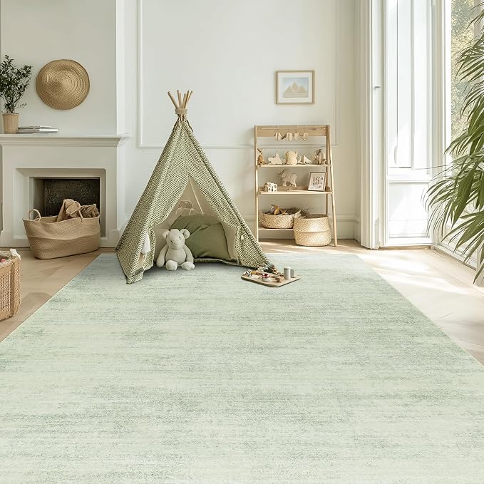 BILEEHOME Sage Green Area Rug 5x7, Boho Abstract Washable Rugs for Nursery | Light Green and Cream Beige, Soft Low Pile Carpet, Neutral Cottagecore Modern, with Non Slip Foldable, for Dorm Living Room