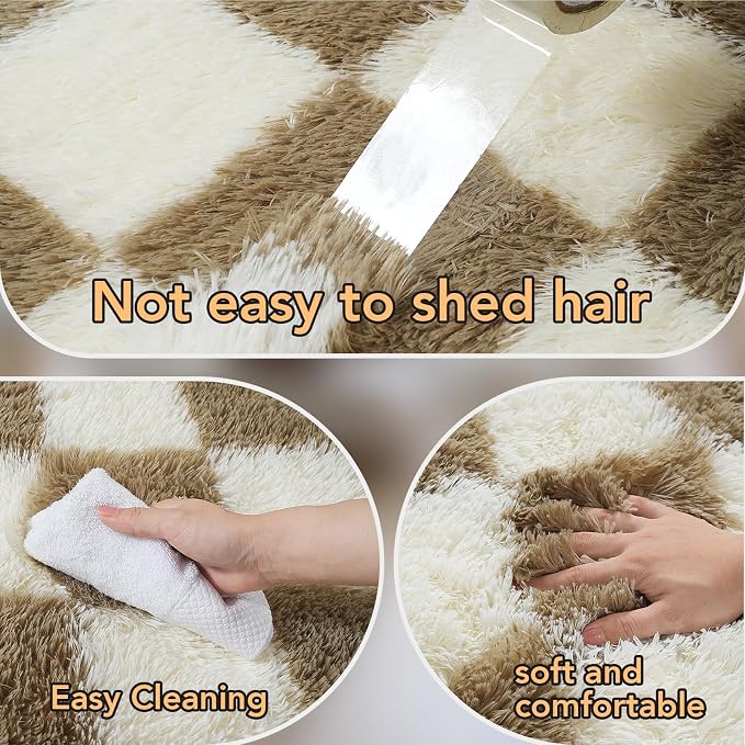 8x10 Fluffy Living Room Rug: Beige and White Checkered Rugs for Living Room- 8x10 Large Fluffy Rug for Bedroom- Soft Plush Shag Carpets for Boys Girls Teen Room, Home Decor (Beige/White)