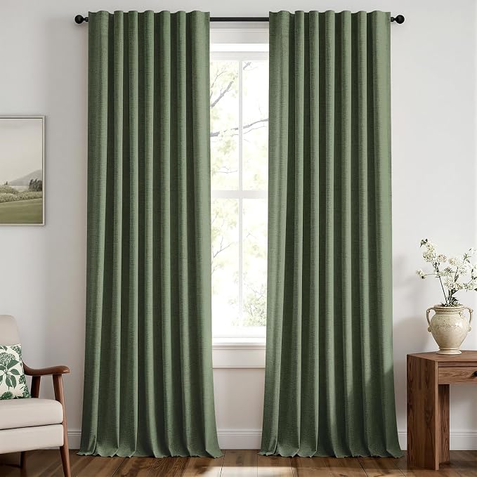 MIULEE 100% Blackout Linen Curtains 42 x 96 Inch Olive Green 2 Panels | Thermal Insulated, Room Darkening Drapes for Bedroom Living Room, Back Tab Rod Pocket Pinch Pleated, Solid Luxury Decor