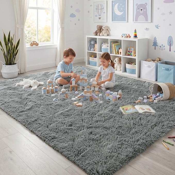 Fluffy Rugs for Living Room: Grey Soft Shag Rug for Bedroom, Large Fuzzy Plush Indoor Floor Carpet Non Slip Modern Rug for Nursery Boys Girls Kids Room Playroom Dorms Home Decor, 7x10 Feet