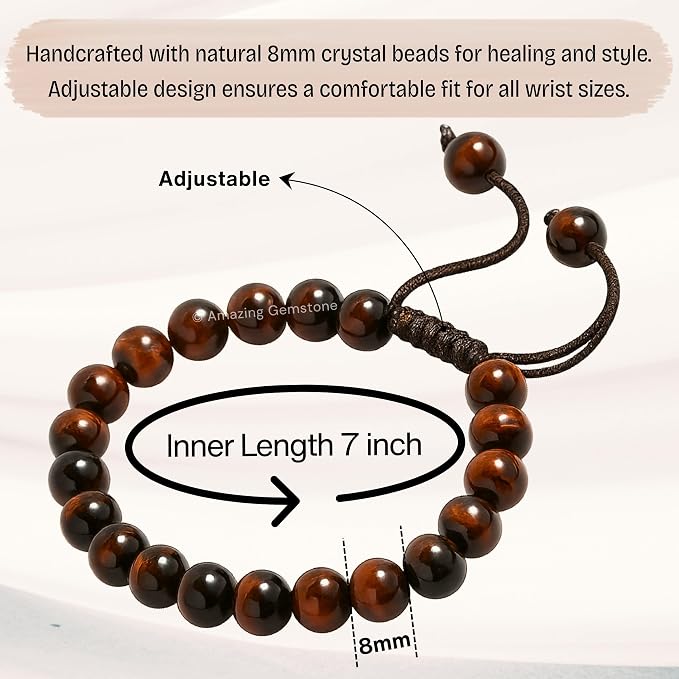 Amazing Gemstone Red Tiger Eye Bracelet, Gifts for Men & Women - Protection Healing Crystal Bracelet - 8mm Gemstone Beaded Adjustable Bracelet, Pulseras para Hombres Mujer Stocking Stuffers
