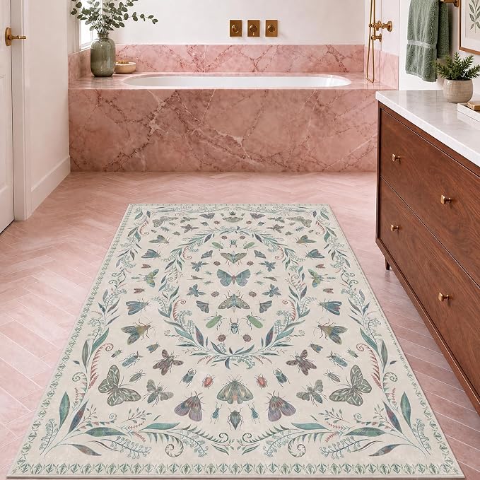 Washable Beige Green Large Entryway Rug, 3x5 Area Rugs for Laundry Room, Kitchen, Bedroom, Dorm, Insect Print Vintage Floral Non-Slip Throw Rug Low Pile Stain Resistance