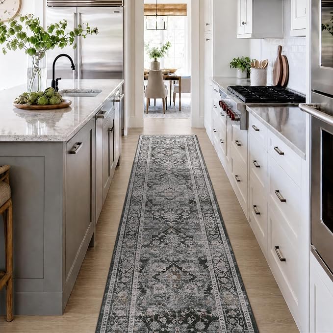 AMOAMI-2X10 Runner Rug-Washable Runners for Hallways-Soft Non Slip Bedside Rugs for Bedroom-Vintage Long Rug for Hallways Entryway Laundry Room Stair Kitchen Bathroom Dark Grey & Black