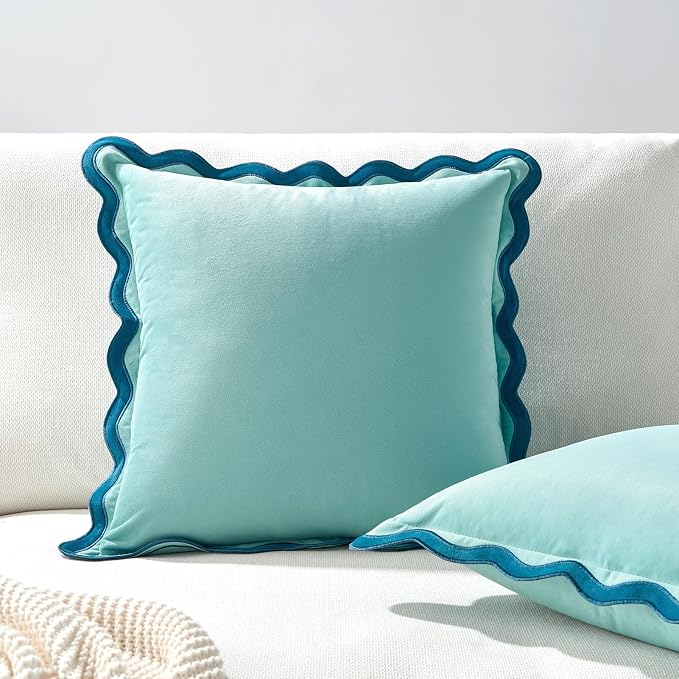 MONDAY MOOSE Decorative Throw Pillow Covers Cushion Cases, Set of 2 Soft Velvet Scalloped Wavy Edge Designs, Mix and Match for Home Decor, Pillow Inserts Not Included (20x20 inch, Blue/Light Blue)