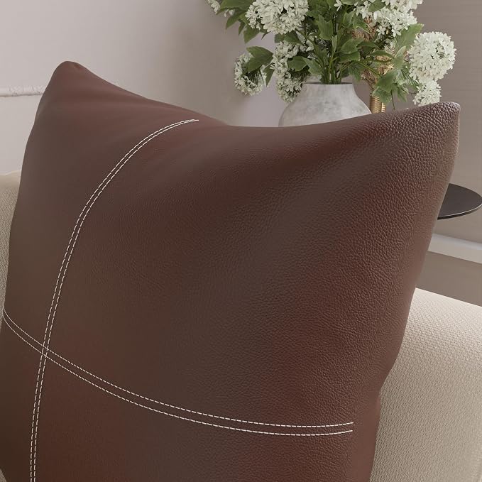 Encasa XO Faux Leather Throw Pillows Covers 18"x18" (Set of 2) | Chocolate Stitch Decorative Cushion Covers | Modern Farmhouse Pillow Cases for Outdoor, Living Room, Bedroom, Couch, Sofa