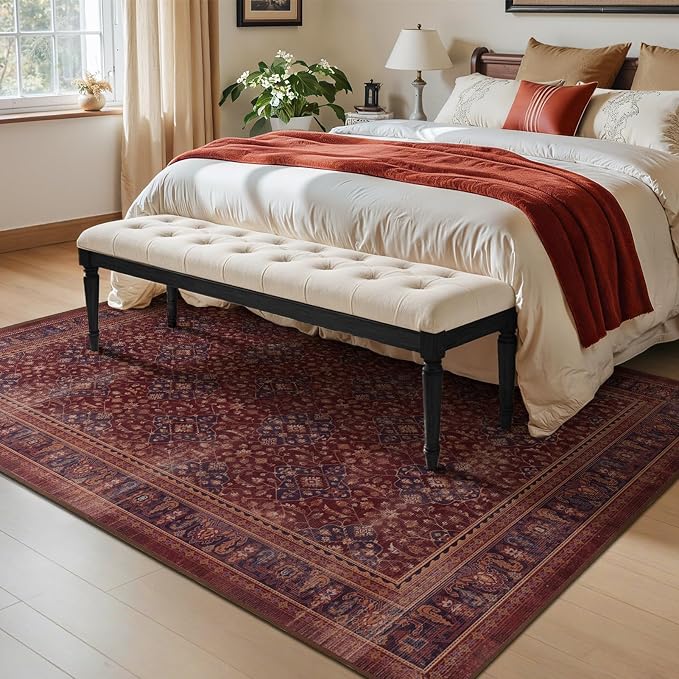 Amber Red 5x8 Area Rug Living Room, Vintage Distressed Boho Floral Trellis Purple Accents Dining Room Rugs for Under Table, Washable Non Slip Thin Carpet Rug for Den/Home Office/Kitchen/Foyer