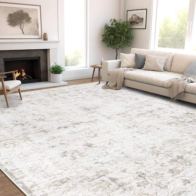 Washable 6×9 Area Rug for Living Room, Vintage Floral Rug Soft Non Slip Stain Resistant Boho Carpet for Indoor Bedroom Dinning Room Home Office Beige New