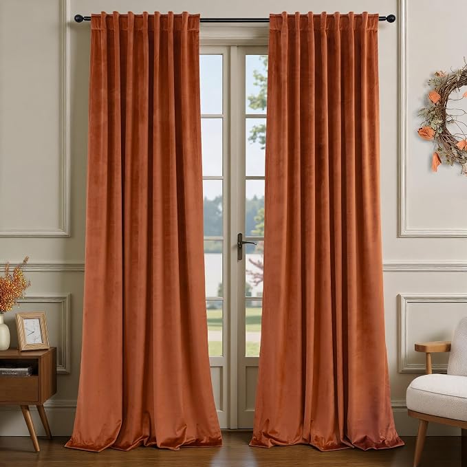 Terracotta Velvet Curtains 84 Inch Length 2 Panels Set Back Tab Luxury Boho Blackout Curtain for Living Room Bedroom Thermal Insulated Soft Window Drapes Brick Rust Orange Bohemian Fall Decor 7FT Long