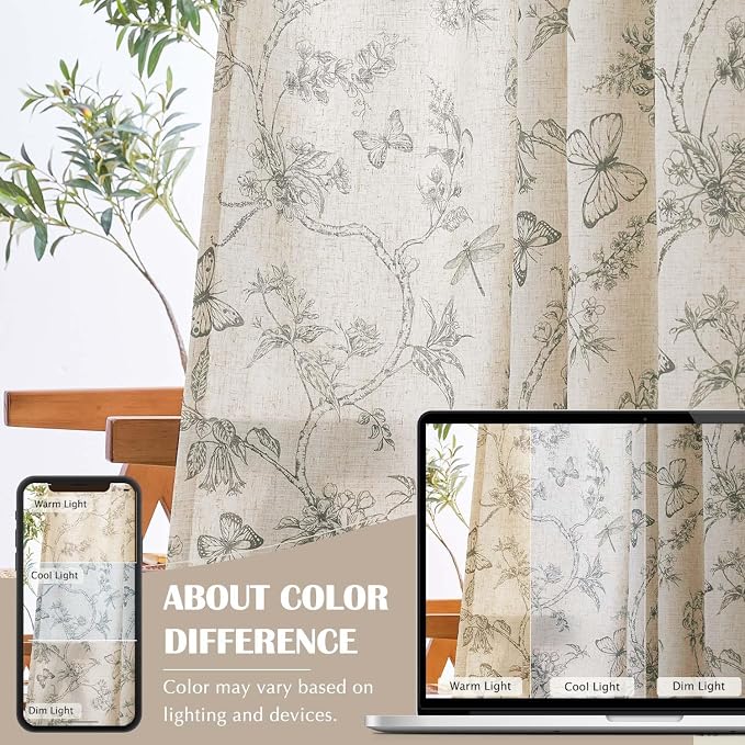 jinchan Grey Floral Linen Curtains Lined 84 Inch Vintage Back Tab 2 Panels | Privacy lining, light filtering drapes, cottagecore, french country, farmhouse, bedroom, living room, window treatment