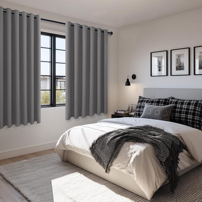 Hiasan Grommet Blackout Curtains for Bedroom, 70 x 63 Inches - Thermal Insulated & Light Blocking Window Drapes for Living Room/Dorm Room, Set of 2 Panels Sewn with Tiebacks, Light Grey