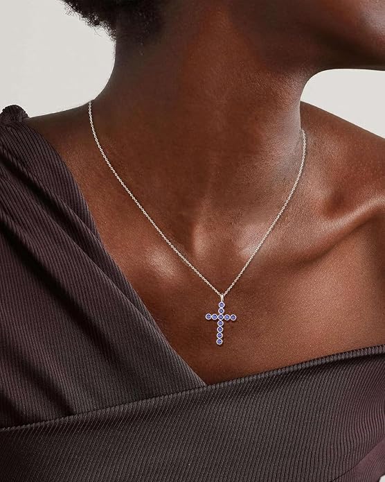 925 Sterling Silver 18 inch Birthstone Cross Pendant Necklace for Women Men
