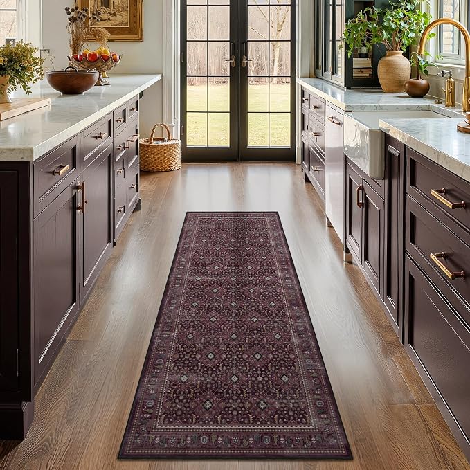 Fig 2x6 Hallway Runner Rugs Non Skid Washable, Earth Tone Dark Academia Carpet Runners for Ktichen 6ft, Luxurious Boho Vintage Floral Trellis Runner for Bedroom/Bathroom/Entryway/Laundry Room