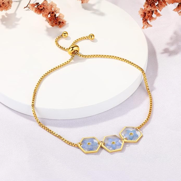 AUNTESIGN Forget-Me-Not Pressed Wildflower Bracelet | Pressed Flower Bracelet | Gold/Silver Pressed Flower Jewelry | Personalized Handmade Jewelry | Gift For Women