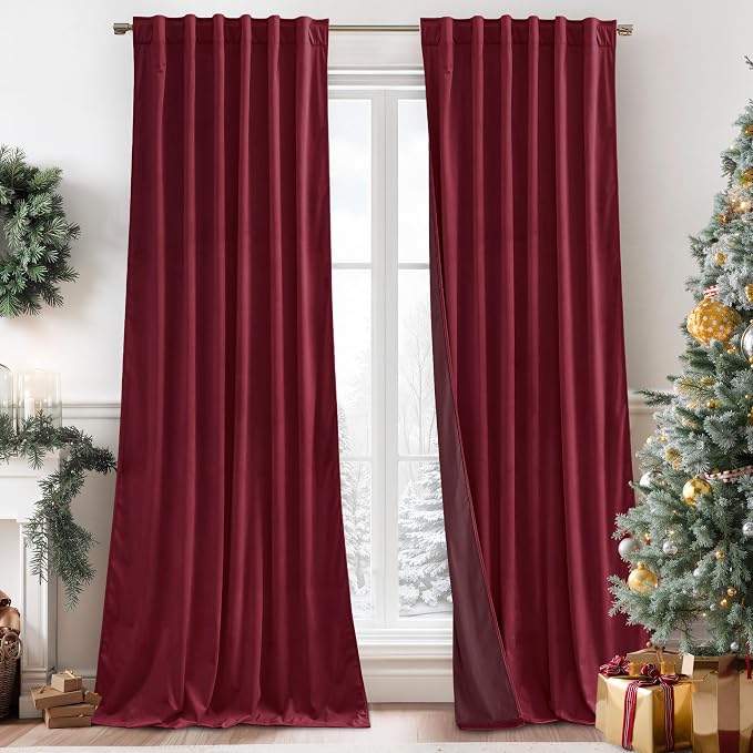 RYB HOME Burgundy Red Velvet Curtains for Christmas Decor, Soft Luxury Backdrops for Studio Theater, Back Tab Design for Bedroom Living Room, 62" W x L84 L, 2 Panels Set