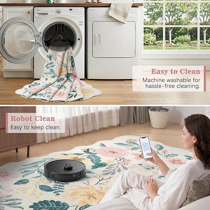 DCX Pink Floral Rug 4x6, Washable Pink Rug for Living Room, Kid & Pet Friendly with Rubber Back Non Slip, Soft Low Pile Carpet, Stain Resistant Rug for Bedroom, Nursery, Dining Room