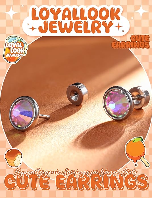 LOYALLOOK 14Pairs Hypoallergenic Screwback Earrings for Women Girls Tiny CZ Pearl Ball Heart Flower Screw Back Earring Studs 316L Stainless Steel Stud Earrings Flatback 20G Over 3 Years Old