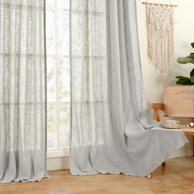 LAMIT Faux Linen Curtains 63 inches Long for Bedroom, Back Tab and Rod Pocket Thick Linen Drapes Light Filtering Semi Sheer Window Curtains for Living Room, 2 Panels (52 x 63 Inch, Light Grey)